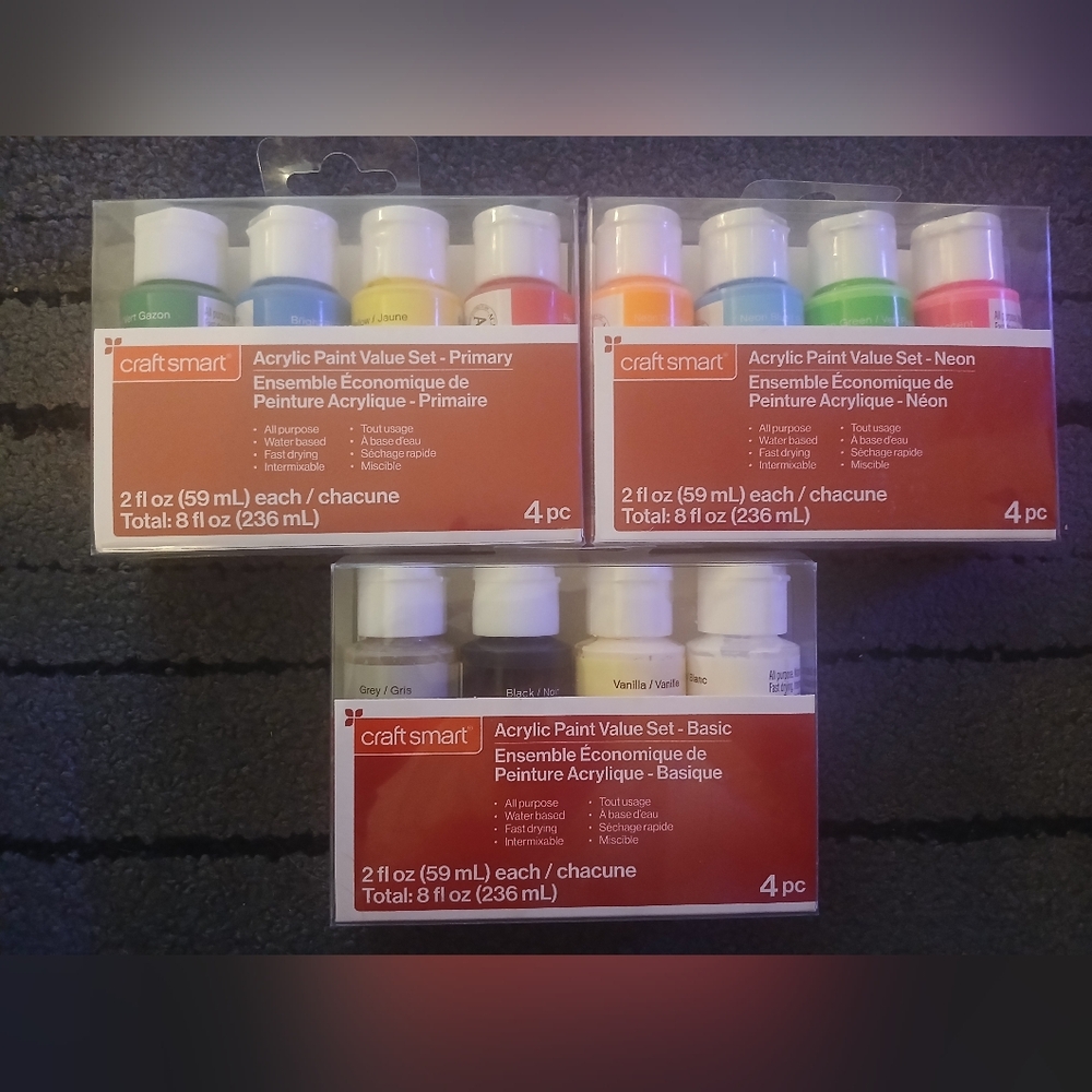 NIB Lot Of 12 Craft smart Acrylic Paint Set Primary Neon Neutral Colors